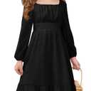 Haloumoning Girls Long Sleeve Dress Kids Ruffle Tiered Dress Swiss Dot Flowy A Line Dresses Black, Medium