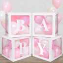 Baby Boxes with 4 Letters,40 Pink Balloon for Baby Shower Decorates,4 pcs clear Balloon Boxes BABY Blocks for Girls Birthday Party Decoration, Pink