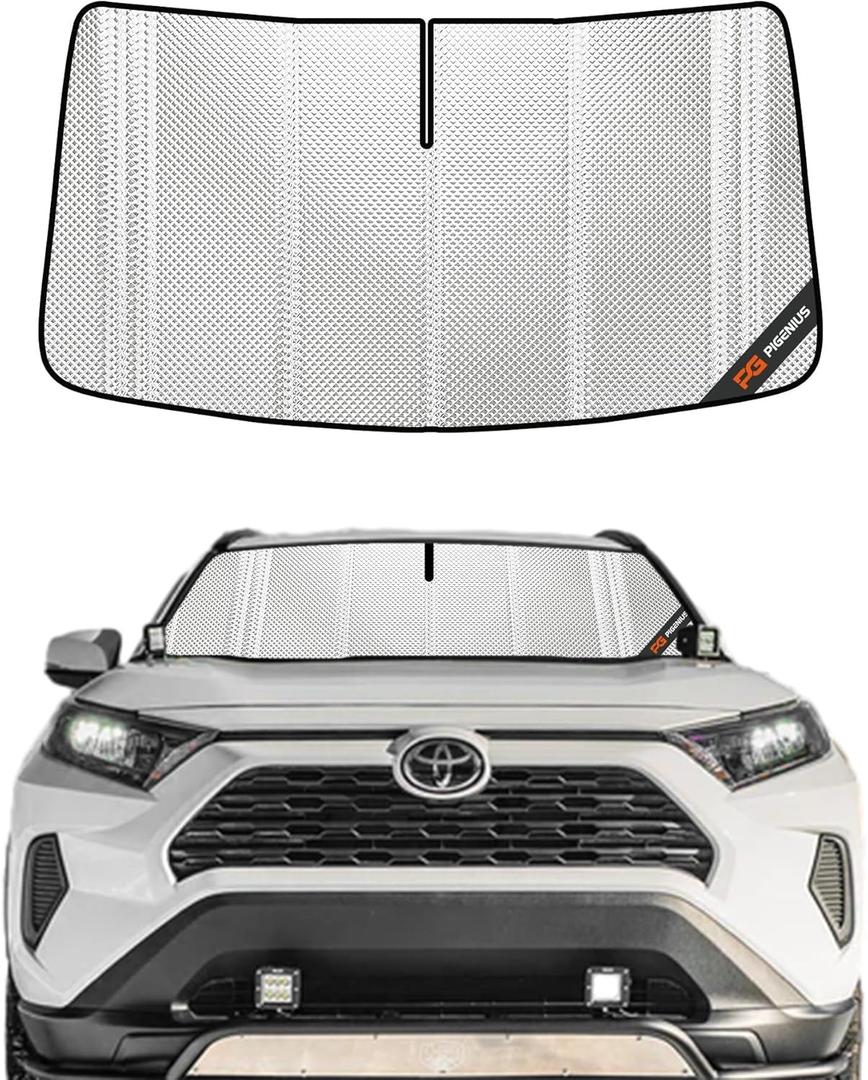 Windshield Sun Shade for Toyota RAV4 2019-2025; RAV4 Prime 2021-2024. Full Coverage Rearview Mirror Shade for Ultimate Protection (Upgrade Shiny Silver)