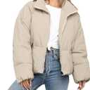 WHN Women Puffer Jacket Coat Winter Quilted Outerwear 2025 Trendy Long Sleeve Puffy Warm Casual Outfit (Small, Beige)