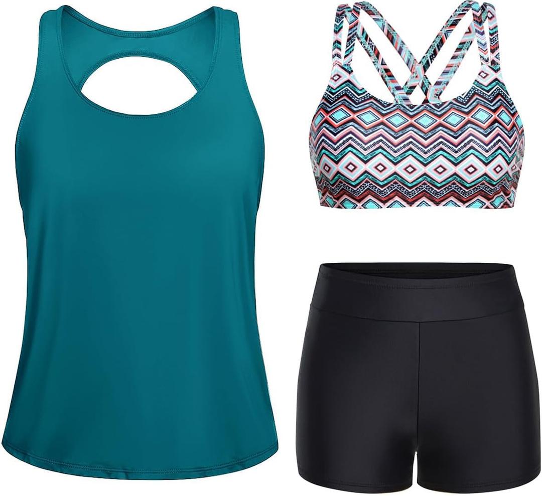 Yonique 3 Piece Tankini Swimsuits for Women Bathing Suits with Boy Shorts and Swim Tank Top Bra Modest Swimwear XL