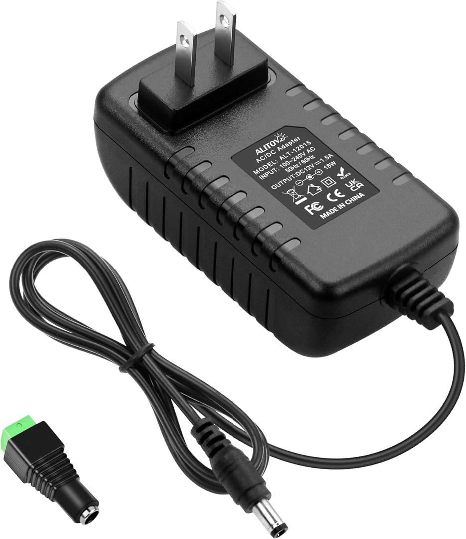 ALITOVE 12V 1.5A Power Supply 18W AC Adapter 100-240V to DC 12 Volt 1500mA 1A Transformer DC 12V Power Cord 4.92ft with 5.5 x 2.5mm Barrel for LED Lights CCTV Camera Router