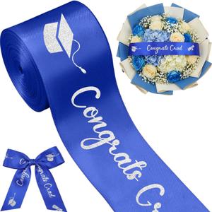 Zeyune 10 Yards Glitter Graduation Ribbon 2 Inch Class of 2026 Blue Silver Ribbon Craft Congrats Grad for Flower Bouquet Gift Wrapping Hair Bow Wreath Graduation Party Decoration
