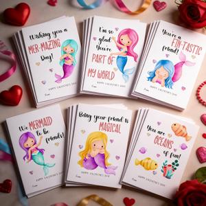 6 x 24 Pack, 6 Designs, Mermaid Valentine's Day Cards for Kids, 3.5x5 inch, Classroom Exchange Cards
