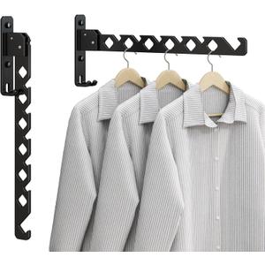 Wall Mounted Clothes Drying Rack, Wall Clothes Hanger Hook for Laundry Room Hanger Foldable, Wall Clothes Rack Indoor, Perfect for Small Spaces, Matte Black 2 Packs