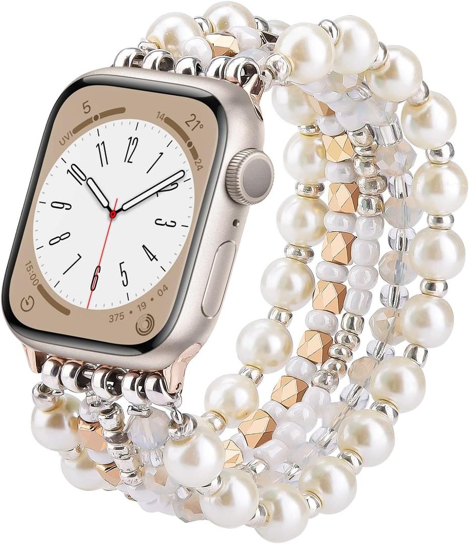 VISOOM Beaded Bracelet Compatible for Apple Watch Band 40mm/38mm/41mm Series 9 8 7 SE Series 6/5/4 Women Fashion Cute Handmade Pearl Stretchy Watch Strap for iWatch Bands Series 3/2/1 Replacement