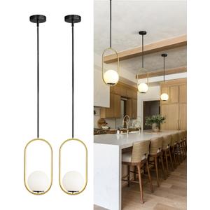 Yunnix Pendant Lights Kitchen Island, Pendant Light Fixtures, 2 Pack Modern Black and Gold Globe Glass Pendant Lighting, Mid Century Chandelier One Light for Bathroom Bedroom Dining Room