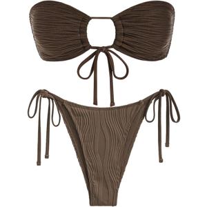 ZAFUL O Ring Bandeau Bikini Sets for Women Sexy Strapless Swimsuits 2 Piece High Cut Bathing Suit (Small, 3-deep Coffee)