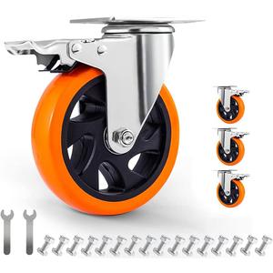 5 inch Swivel Plate Casters Wheels with Screw Safety Dual Locking and Polyurethane Foam No Noise Wheels,Heavy Duty-550 Lbs Per Caster