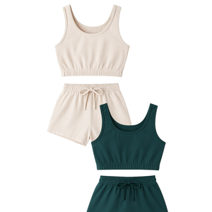 GORGLITTER Summer Outfits for Women 2025 Vacation Beach 4 Pieces Crop Tank Top and Shorts Matching Sets Size Medium, Blue/Beige 