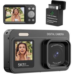 Upgraded 5K Dual Screen Digital Camera,80MP Vlog Photography Camera for YouTube,Campus,Travel,Compact Point & Shoot Camera for Teens & Beginners with Autofocus,18x Zoom,Anti-Shake,Black