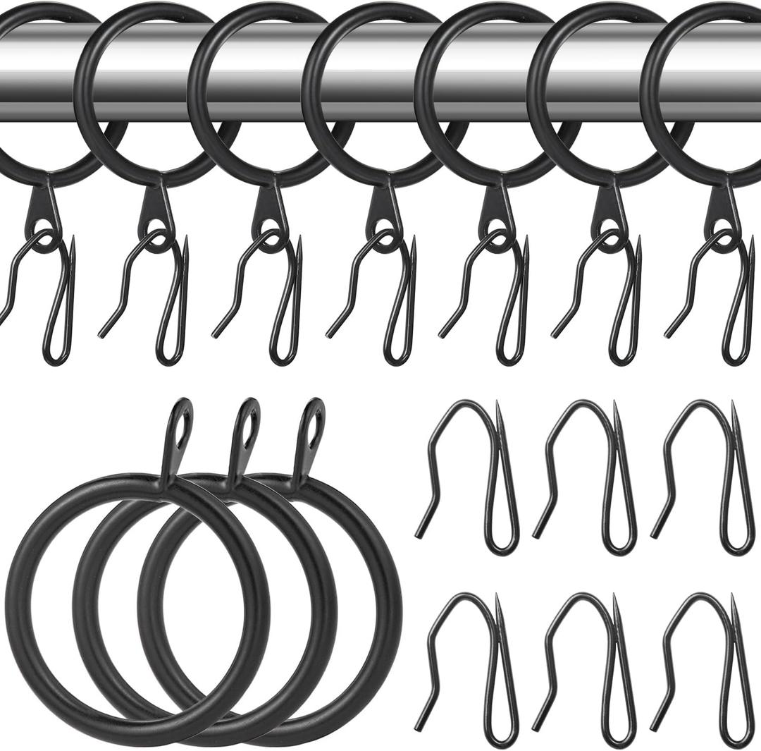 32 pcs Metal Drapery Curtain Rings Curtain Hanging Rings and 32 pcs Metal Curtain Drapery Pin Hooks for Window Door Shower Curtain, 30 mm/1.18 inch Internal Diameter (Black)