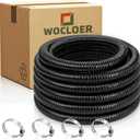Corrugated Pond Tubing 1" × 10ft — Heavy-Duty Kinkproof PVC Pond Hose for Pumps, Waterfalls & Water Gardens, Flexible Reinforced Black Tube with 4 Stainless Steel Clamps