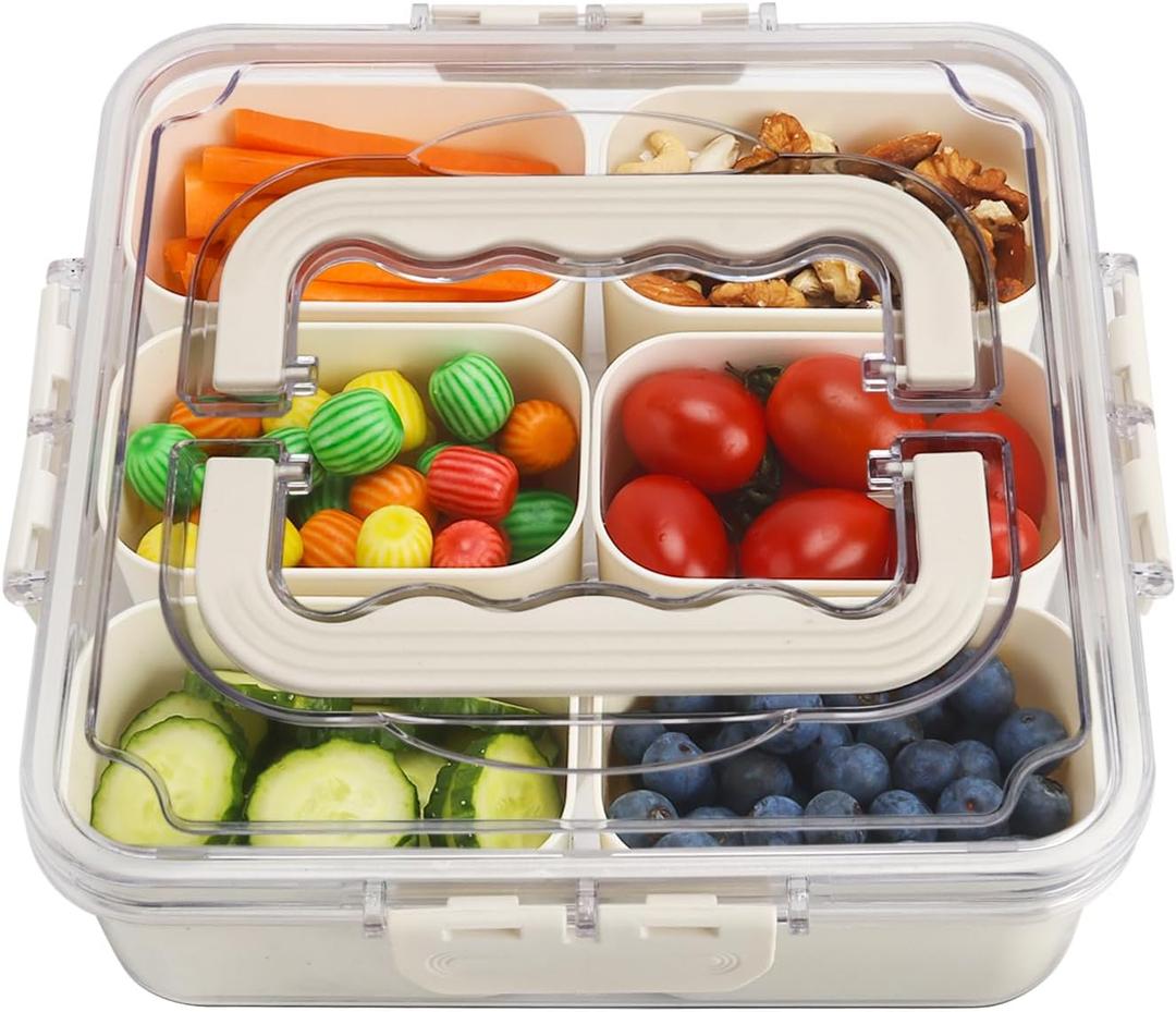SMALL Divided Serving Tray with Lid and Handle, Portable Snack Box Container, 6 Compartments Veggie Fruit Snackle Tray,Charcuterie Box Container for Party, Travel, Entertaining,Picnic, SMALL SIZE (White)