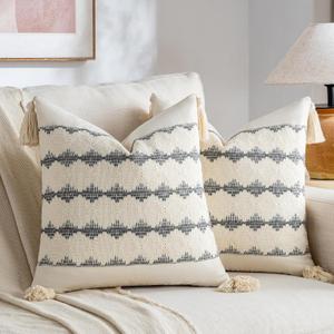 Fancy Homi Set of 2 Neutral Grey Farmhouse Decorative Throw Pillow Covers 18x18 Inch for Couch Bed Chair Indoors, Vintage Country Rustic Retro Room Decor, Soft Handmade Woven Cushion Case with Tassels