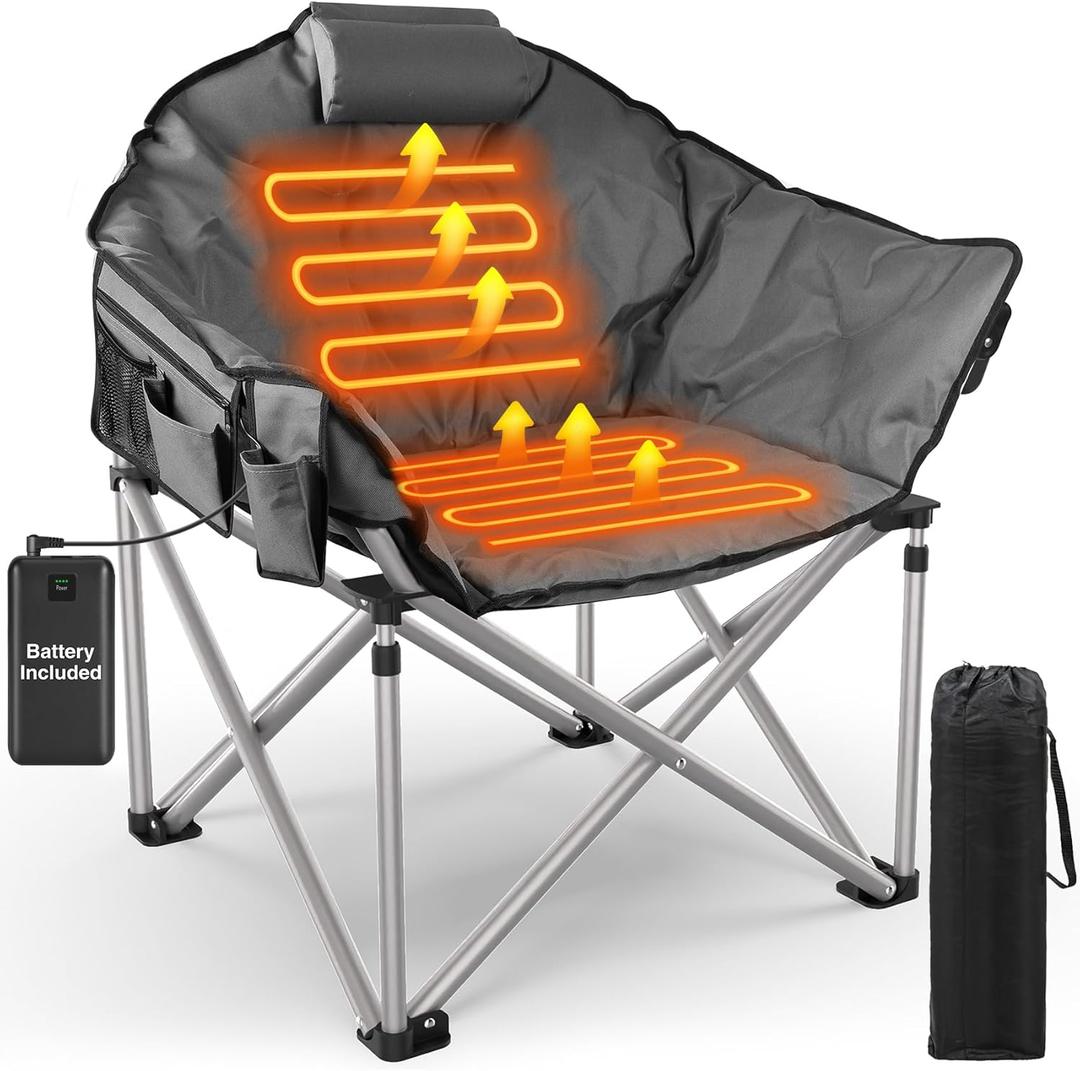 Slendor Heated Camping Chair Oversized, Portable Heated Chair Outdoor Sports with Backrest, High Back, Pillow, 3 Heat Levels, Folding Lawn Patio Lounge Chair, Supports 440 lbs (Grey)