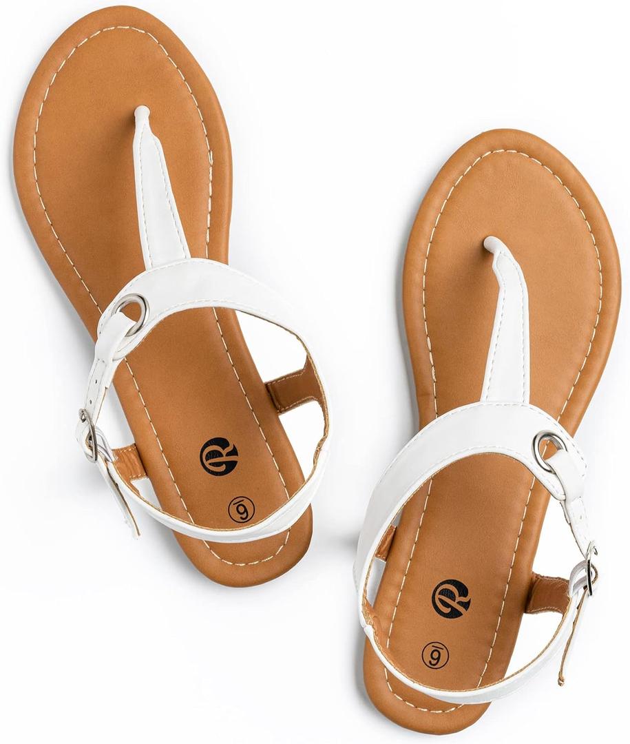 Rekayla Flat Thong Sandals with T-Strap and Adjustable Ankle Buckle for Women (White, Size 9)