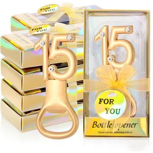 24Pcs Golden 15 Bottle Openers for 15th Birthday Party Favors Rhinestones Decorations for Wedding Anniversary Gifst Souvenrs or Keepsaks for Guests