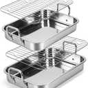 2 Pcs 14.17"15.35" Stainless Steel Roasting Pans with Handles, Baking Pan for Oven with 2 Pcs Flat Racks, Heavy Duty, Dishwasher Safe Rectangular Lasagna Pan with Handles for Turkey Chicken, Silver
