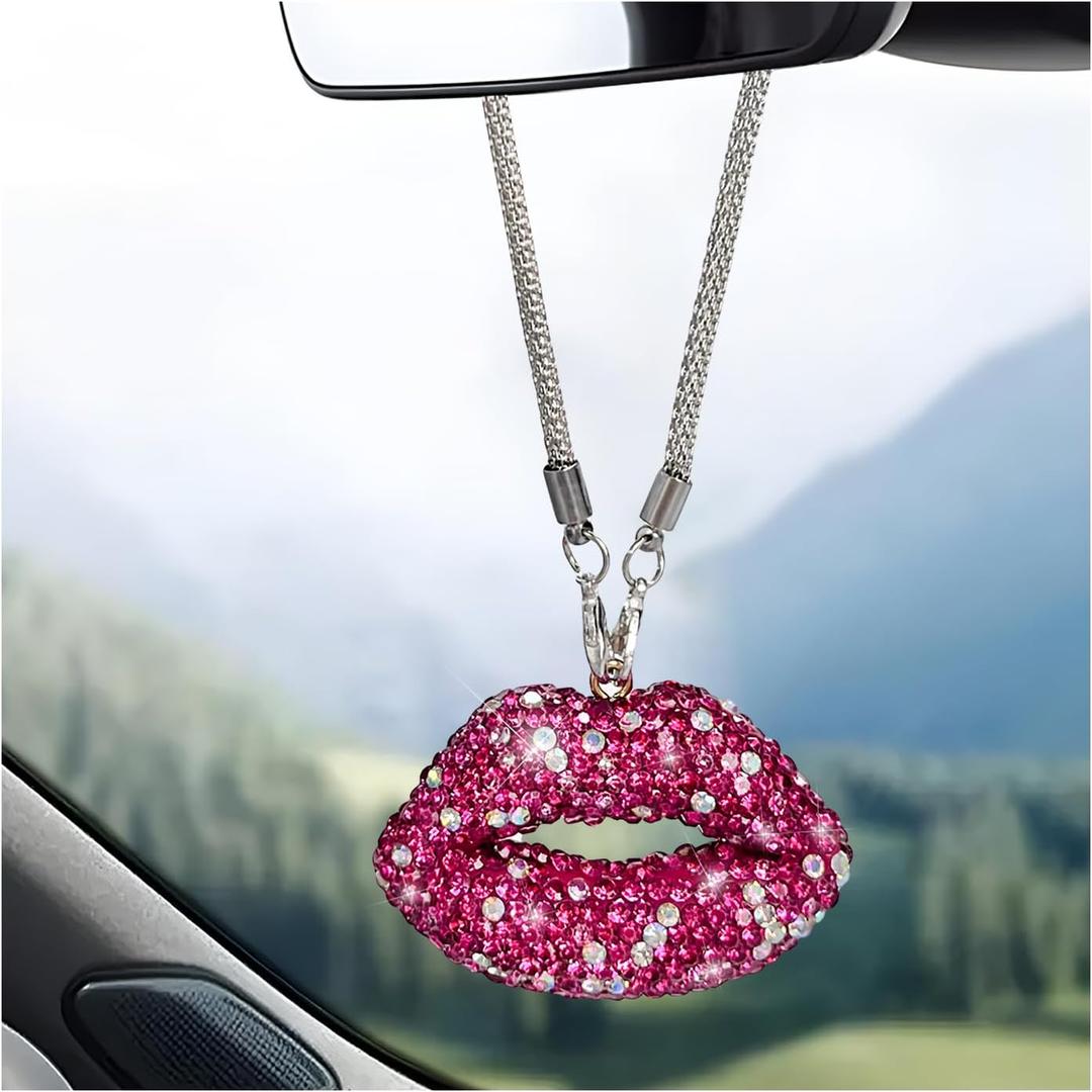 KVAEY Bling Lip Car Rear View Mirror Charm, Personalized Rhinestone Lip Pendant for Car Rear View Mirror, Lips Vehicle Interior Decor Hanging with Chain for Women (Magenta)