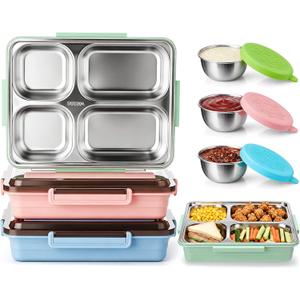 FoldTier 3 Pack Stainless Steel Lunch Boxes Includes 3 Lidded Condiment Cups, 4 Compartment Bento Box Set, Leakproof Lunch Container, Dishwasher Safe for Work, Office, Picnic, Travel(Assorted Colors)