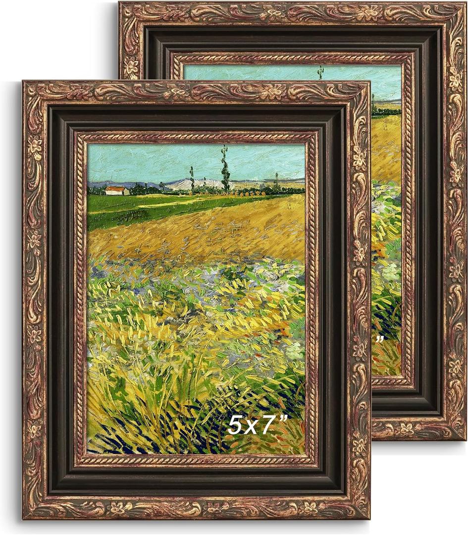 5x7 Picture Frame, Ornate Embossing 5 x 7 Frame with Tempered Real Glass, Tabletop or Wall Mounting Display for Art Prints or Pictures, Bronze and Antique Gold, 2 Pack