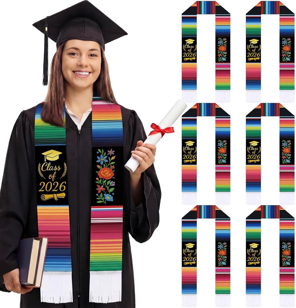 Giegxin 6 Pcs Mexican Graduation Stole Sash 70" Class of 2026 Embroidered Mexican Graduation Stole Vibrant Print Flag Stoles for Grads Traditional Spanish Sarape Style Graduate Ceremony Party Souvenir