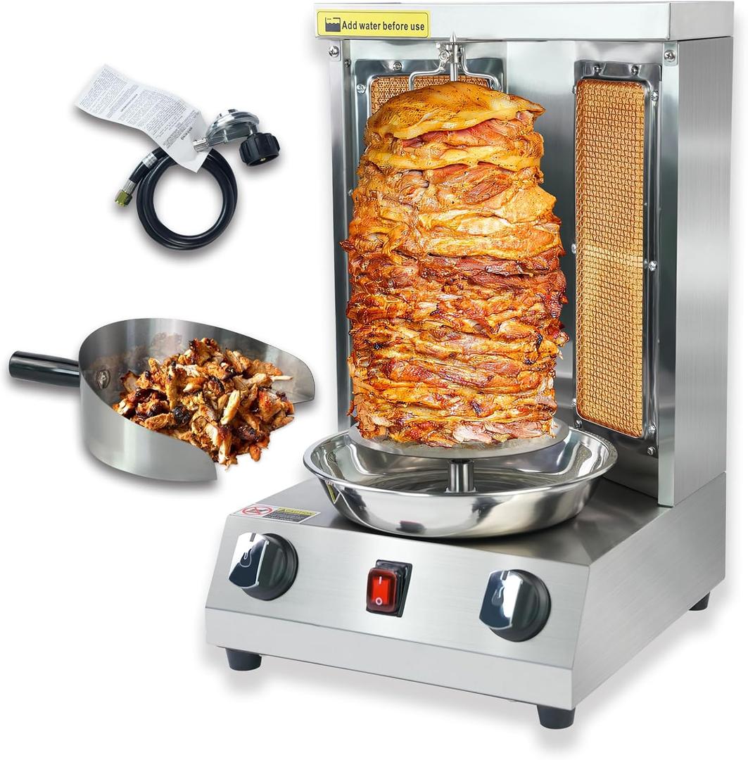 Shwarma Grill Machine Gas Doner Kebab Machine Shawarma Cooker Propane Turkish Gyro Meat Rotisserie with 2 Burner and Meat Catch Pan, Silver