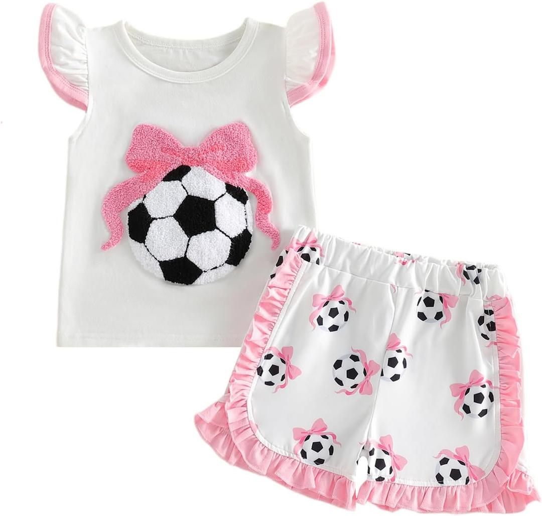Toddler Girl Golf Outfits Baby Hole In One Golf Fly Sleeve T-shirt Tops+Ruffle Trim Shorts 2Pcs Girls Summer Clothes, 18-24 Months, Soccer Bow Embroidered White