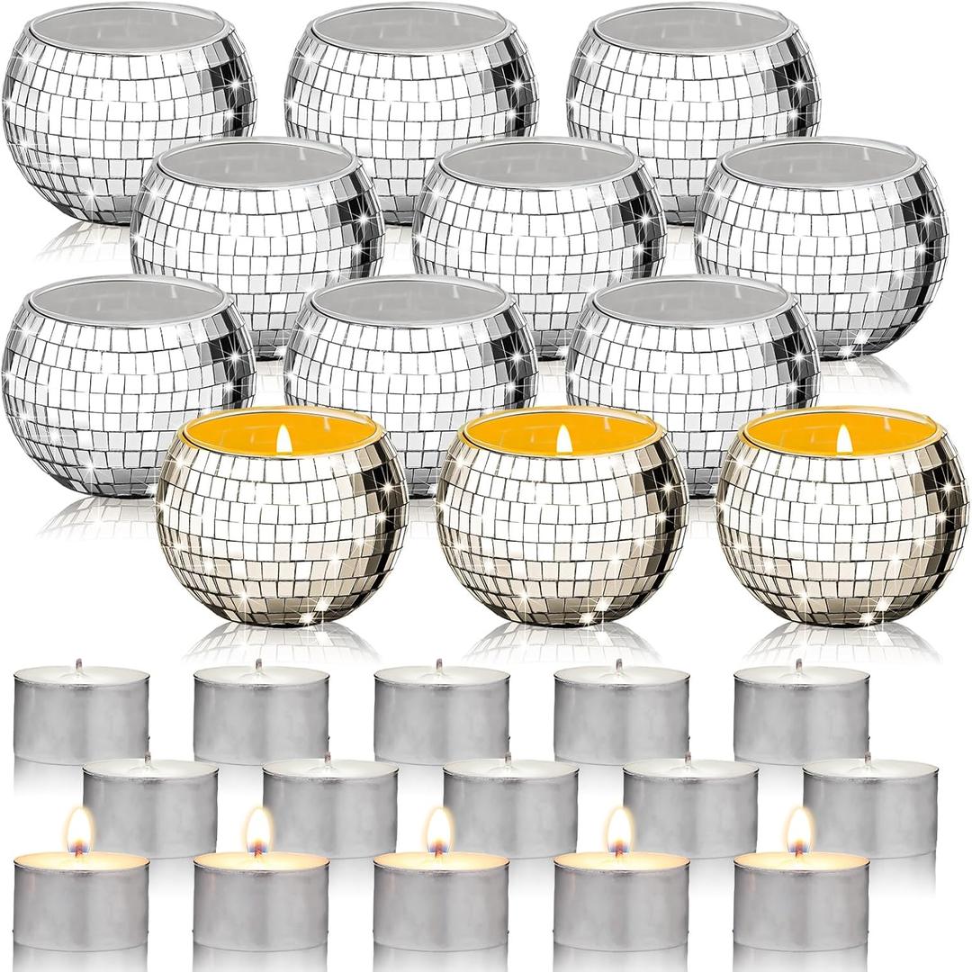 Maxcheck 24 Pcs/12 Sets Disco Ball Candle Holders Bulk Wedding Decoration Disco Ball Centerpieces Includes Votive Mosaic Glass Tea Light Holders and Tea Light Candles for Activity Party