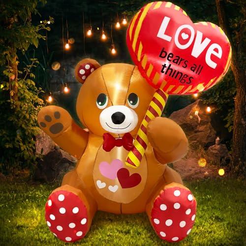 LETIME 4FT Valentines Day Inflatable Outdoor Decorations Bear Holding Heart Balloon LED Lighted Blow-up Yard Decor Romantic for Party Birthday Anniversary Wedding Propose