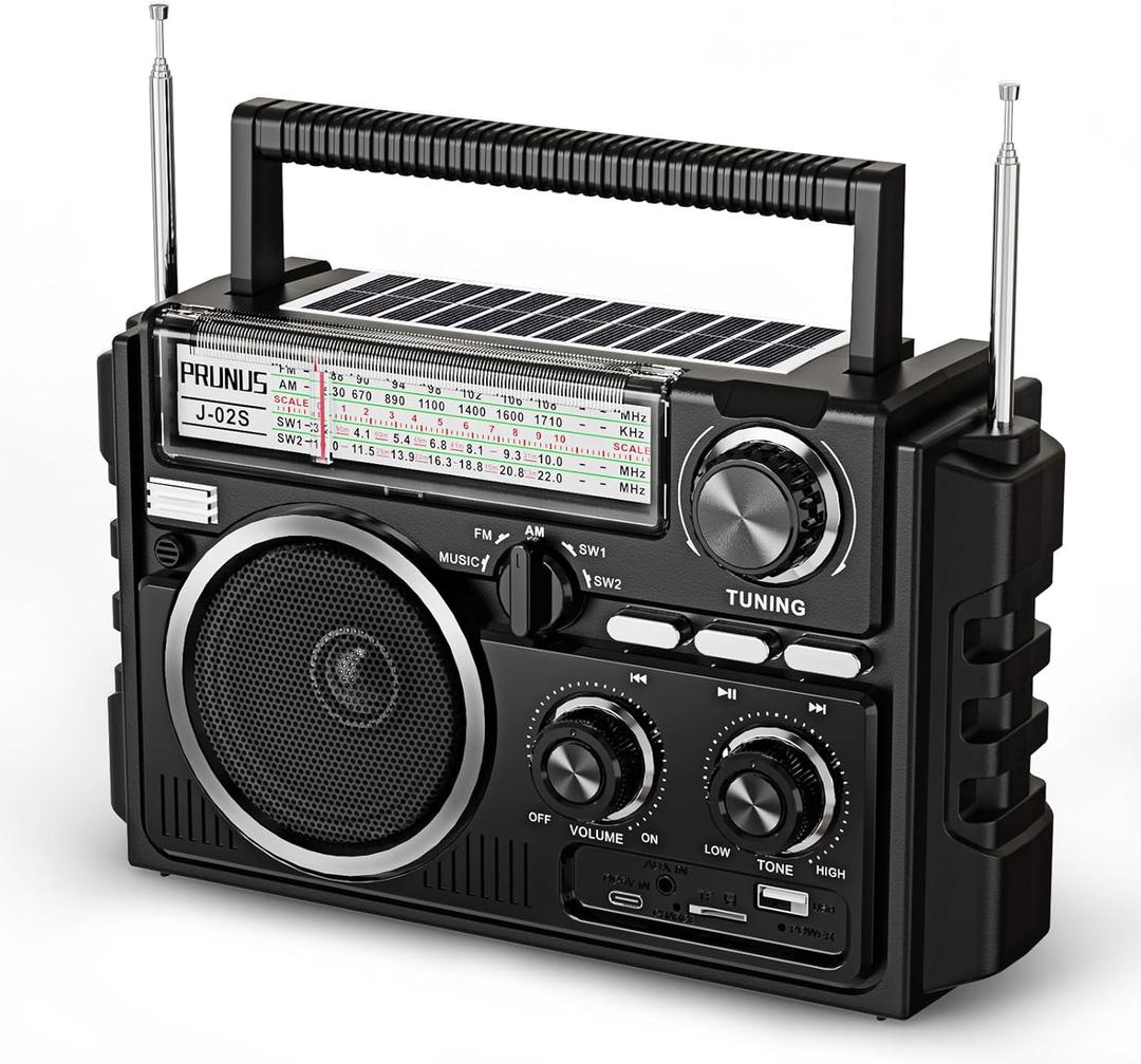 PRUNUS J-02 Portable Radio AM FM SW Bluetooth, Dual-Antenna, Solar/D Battery/USB Rechargeable, Support TF Card/USB Playing, Transistor Radio with Large Knob, Easy to Use for Seniors Gifts for Mom