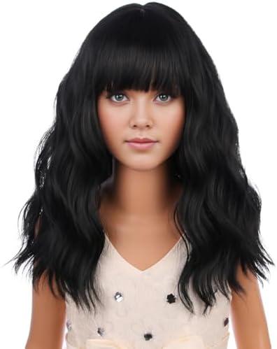 PATTNIUM Black Kids Child Wig Shoulder Length Black Wavy Wigs with Bangs for Gilrs Heat Resistant Synthetic Girls Wig Daily Wear Wigs