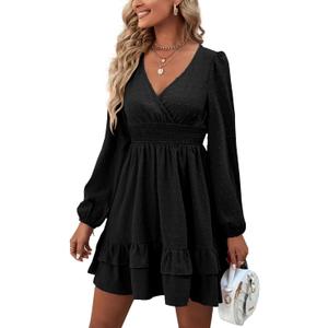 Rooscier Women's Wrap V Neck Swing Ruffle Swiss Dots Long Sleeve Mini Dress (Large, Pure Black)