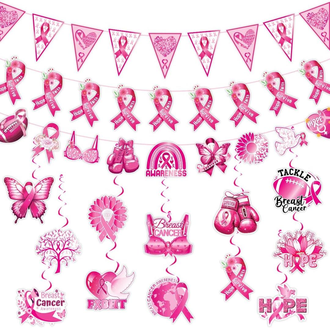 Breast Cancer Awareness Decorations,Pink Ribbon Hanging Swirls Breast Cancer Awareness Pennant Banner for Cancer Charity Activity Party Decor Supply