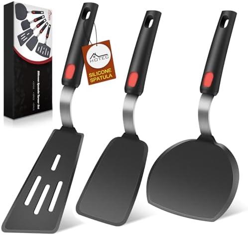 Hotec Silicone Spatula Turner for Nonstick Cookware, Cooking Spatulas 600°F Heat Resistant Large Flexible Rubber Spatula Set of 3, Kitchen Utensils for Flipping Eggs, Burgers, Pancakes, Crepes