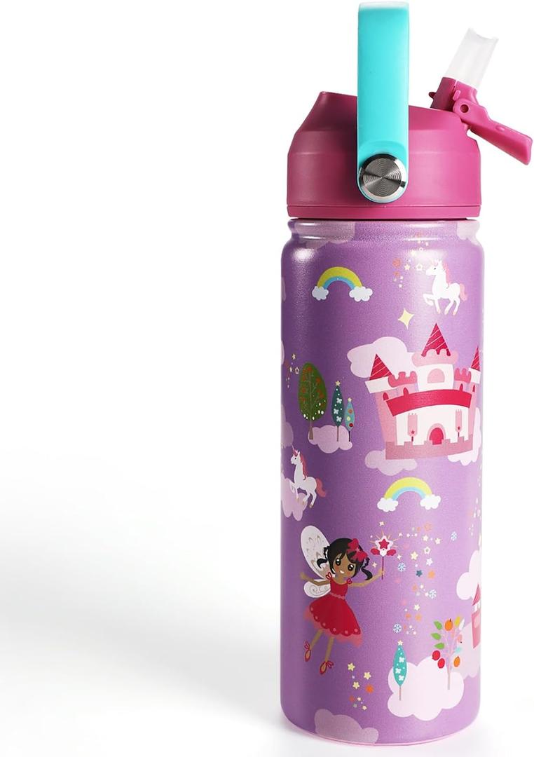 Kids Insulated Water Bottle with Straw 18oz - 18/8 Stainless Steel Toddler Water Bottle for School Travel Boys Girls (Fairy)