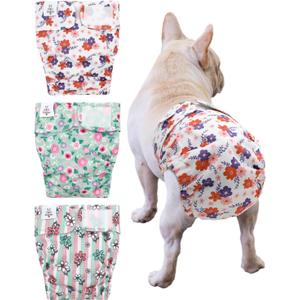CuteBone Washable Dog Diapers Female No Tail Hole 3 Pack Reusable Doggie Period Training Pants for Docked-Tail Frenchie French Bulldog Boston Terrier Without Tail WWD35M