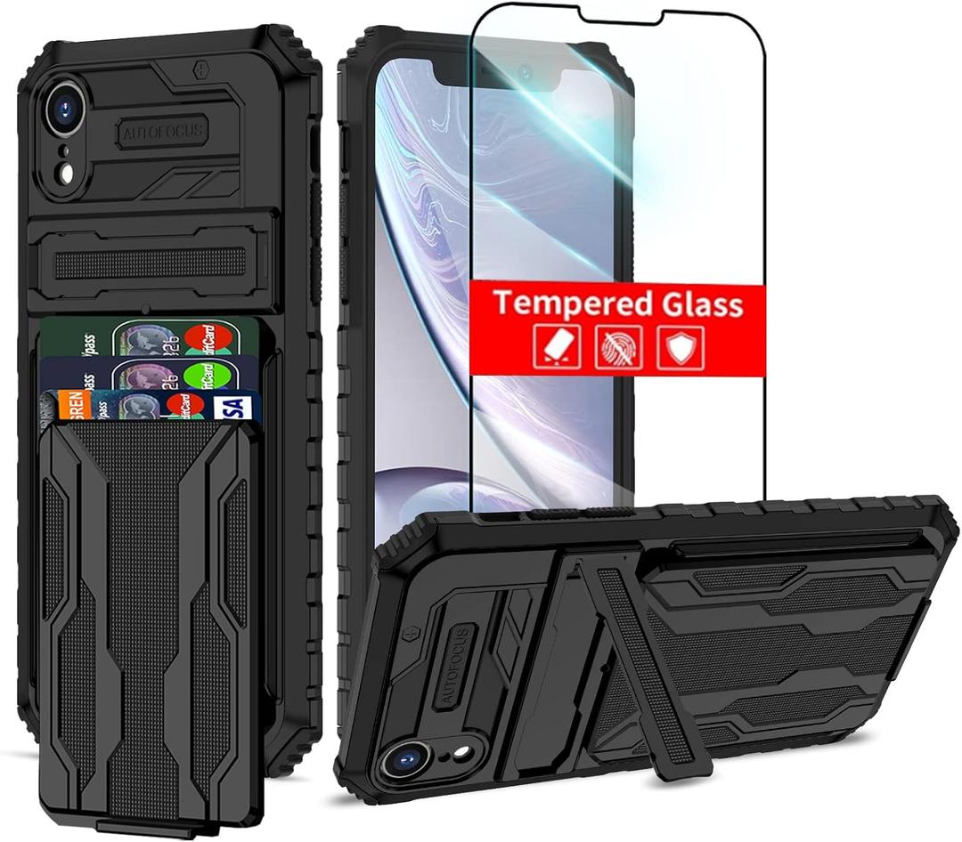 for iPhone XR Case with Card Holder Detachable Wallet Cover, Built-in Kickstand & Screen Protectors, Full Body Shockproof Phone Case for iPhone XR (6.1 Inch)