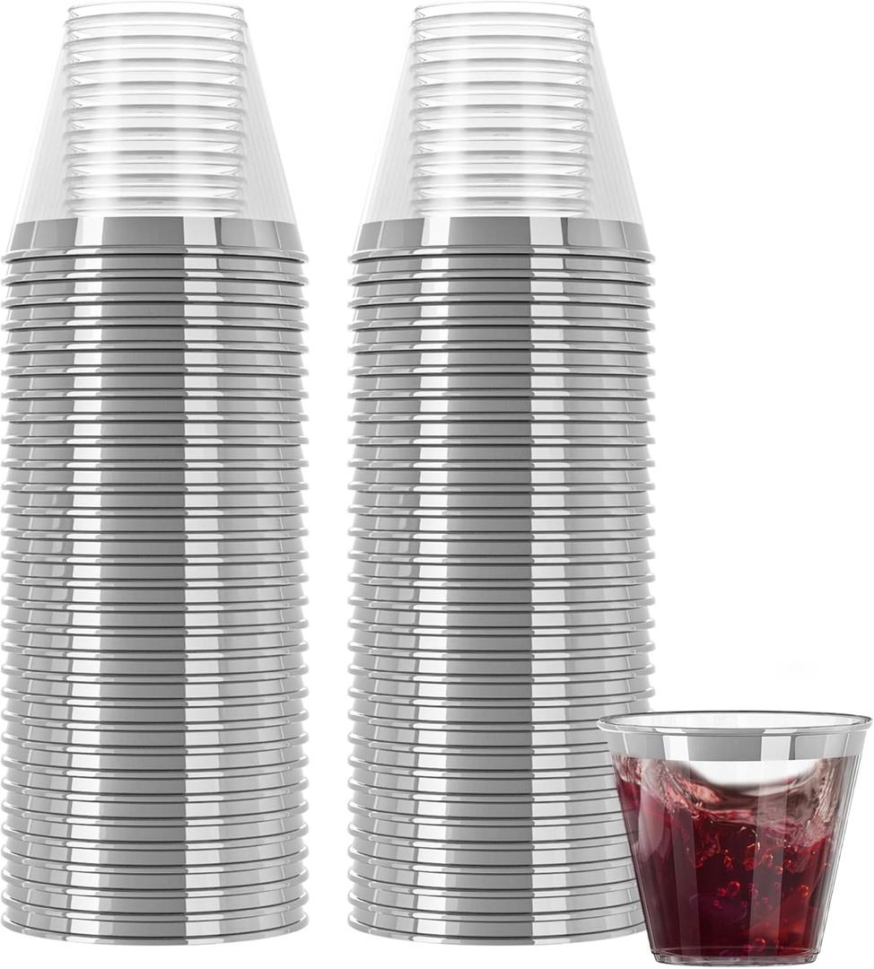 R-kay Silver Plastic Cups - 100 Pack - 9 Oz Clear Cups - Hard, Disposable, Heavy Duty Party Cups - Plastic Wine & Cocktail Glasses