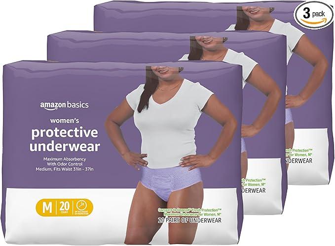 Basics Incontinence Underwear for Women, Protective, Disposable, Postpartum, Maximum Absorbency, Medium, Lavender, 60 Count (3 Packs of 20)