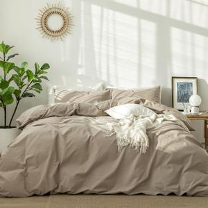 MooMee Bedding Duvet Cover Set 100% Washed Cotton Linen Like Textured Breathable Durable Soft Comfy (Solid Light Camel, Palatial King/Oversized King 120"x98")
