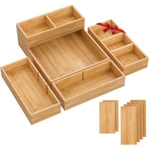 SpaceWhisper Bamboo Drawer Organizer, 5-Piece Drawer Divider with Removable Dividers for Organization and Storage, Multi-Use Stackable Storage Box & Utensil Holder for Kitchen, Office, Makeup & More