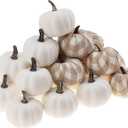 Woration 20 Pack Small Artificial Lifelike Pumpkin Fake White & Beige Plaid Fabric Mini Pumpkins for Home Fall Harvest Decor Thanksgiving & Halloween Decoration