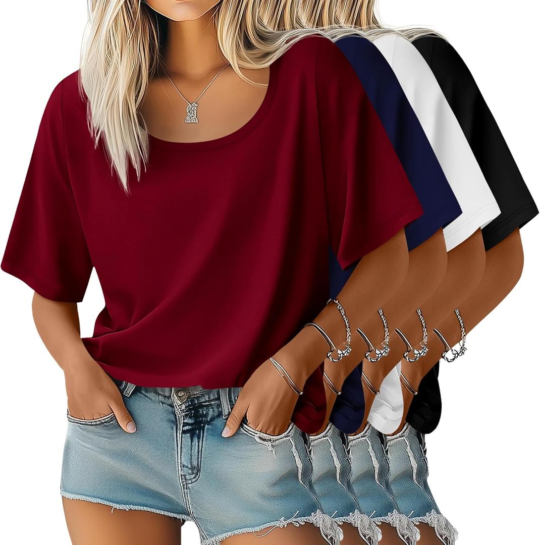 Neer 4 Pack Womens Half Sleeve T-Shirts Elbow Length Tops Cotton Women Scoop Neck Loose Basic Tee Summer Casual Blouses (X-Large, Wine Red, Navy Blue, White, Black)