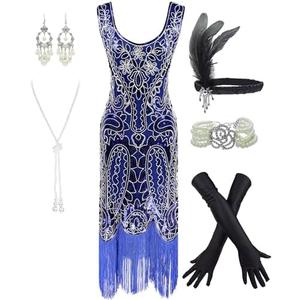 Women's 1920s Flapper Fringe Beaded Great Gatsby Party Dress with Costume Set, L