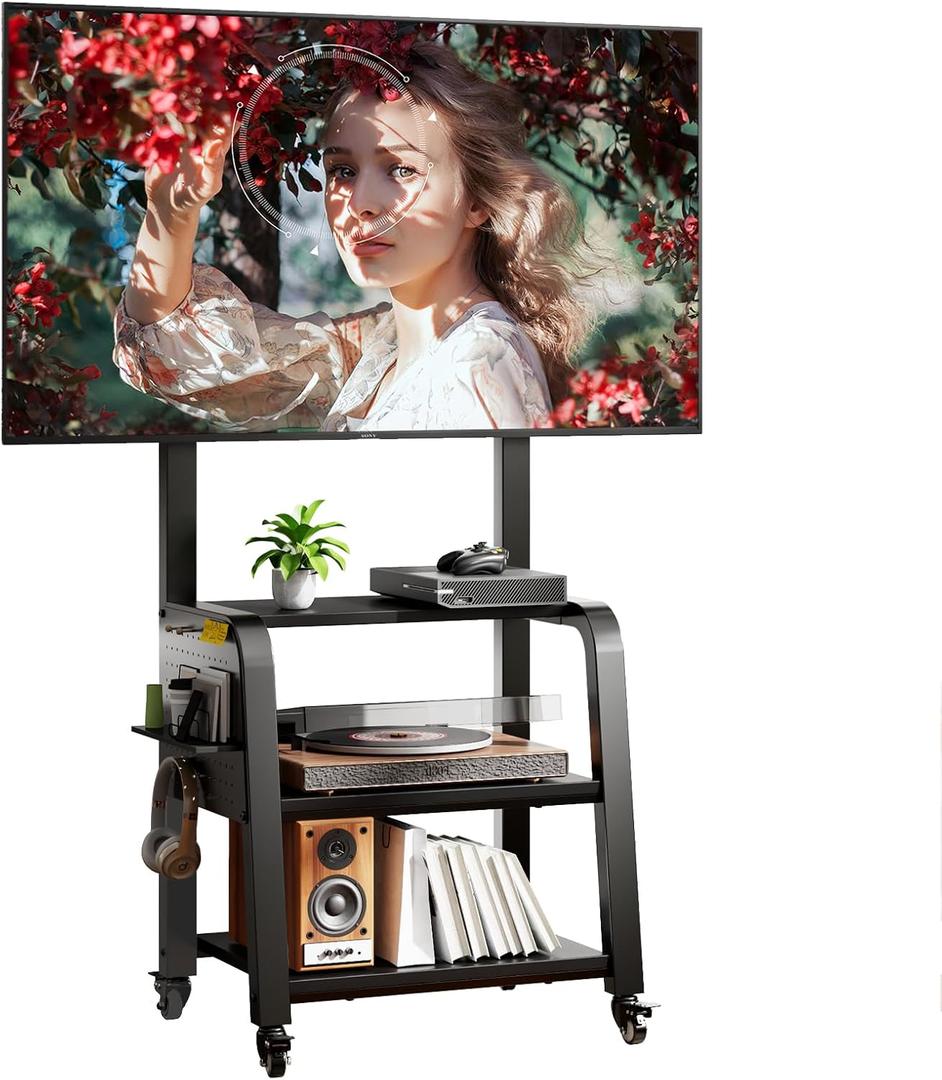 Wooden Base Rolling TV Stand for 32-75 inch TVs up to 132 lbs, Mobile TV Stand with 3-Tier Storage Shelf & Pegboard, Height Adjustable Heavy Duty TV Cart, Max VESA 600x400mm