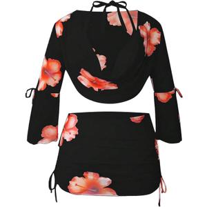 OYOANGLE Women's Plus Size 4 Piece Floral Bikini Swimsuit with Cover Up Triangle Halter Bathing Suits, 3XL Plus