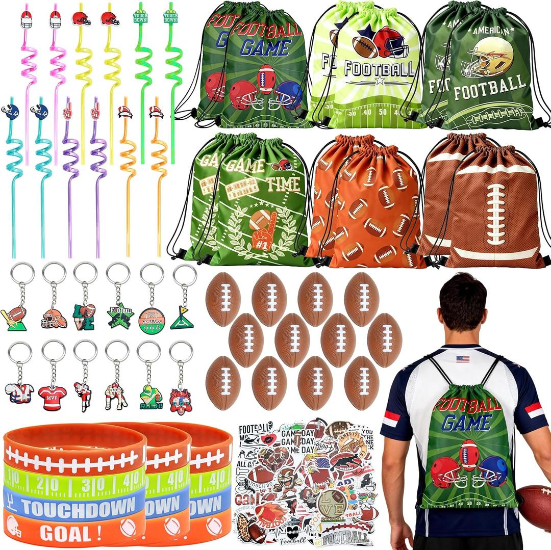 J6&H6 110 Pcs Football Party Favors Football Goodie Bags Including 12 Football Drawstring Bags Stress-relieving Football Straws Keychains silicone Wristband and stickers for FootballParty Gift.
