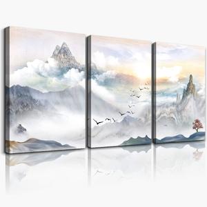 Mountain Landscape Abstract Painting Canvas Wall Art For Living Room Bathroom Wall Decor For Bedroom Kitchen Artwork Canvas Prints 3 Pieces Modern Framed Office Home Decorations Watercolor Picture (Peak Sunrise)